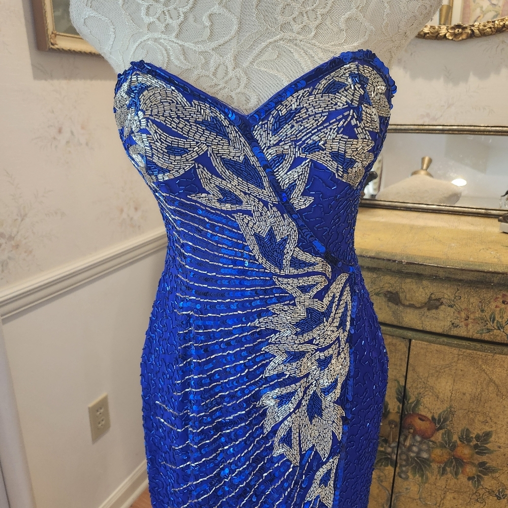 Della Roufogali Dore Fully Beaded Royal Blue & Silver 90s Evening Gown 4 Small - Picture 3 of 10